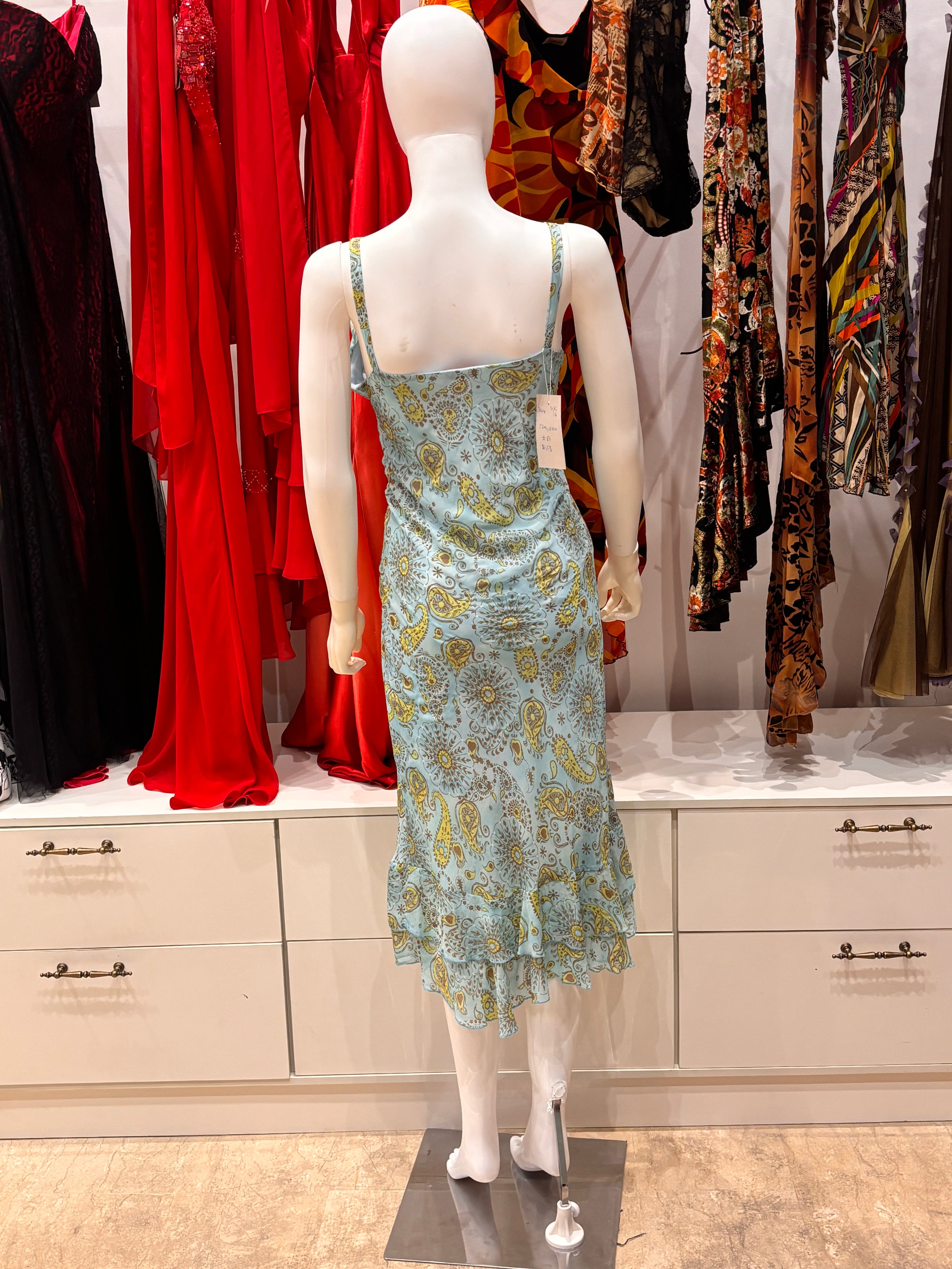 The Electric Lagoon Vintage Dress – blue green 90s cut dress with frill detailing back 