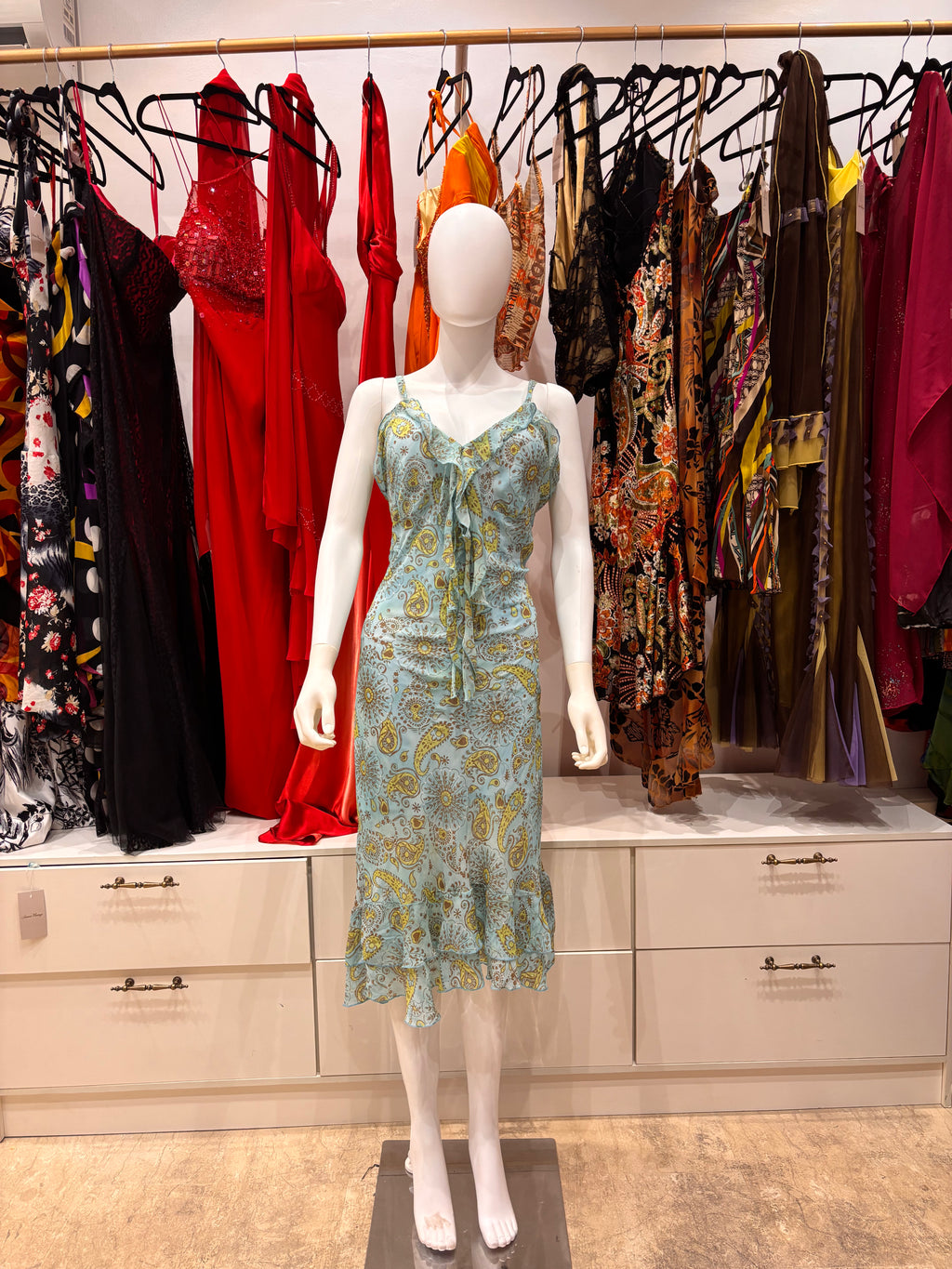 The Electric Lagoon Vintage Dress – blue green 90s cut dress with frill detailing front 