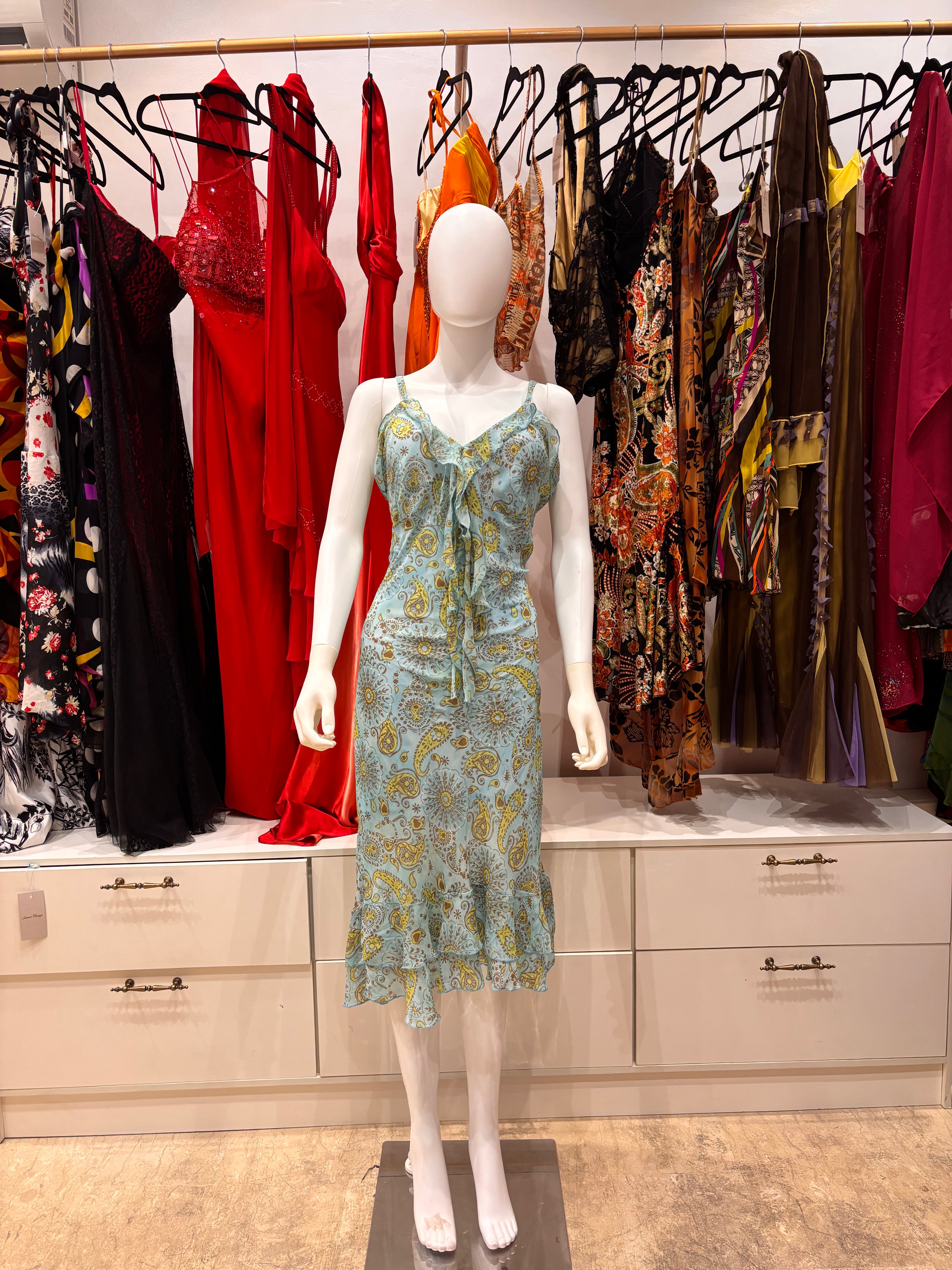 The Electric Lagoon Vintage Dress – blue green 90s cut dress with frill detailing front 
