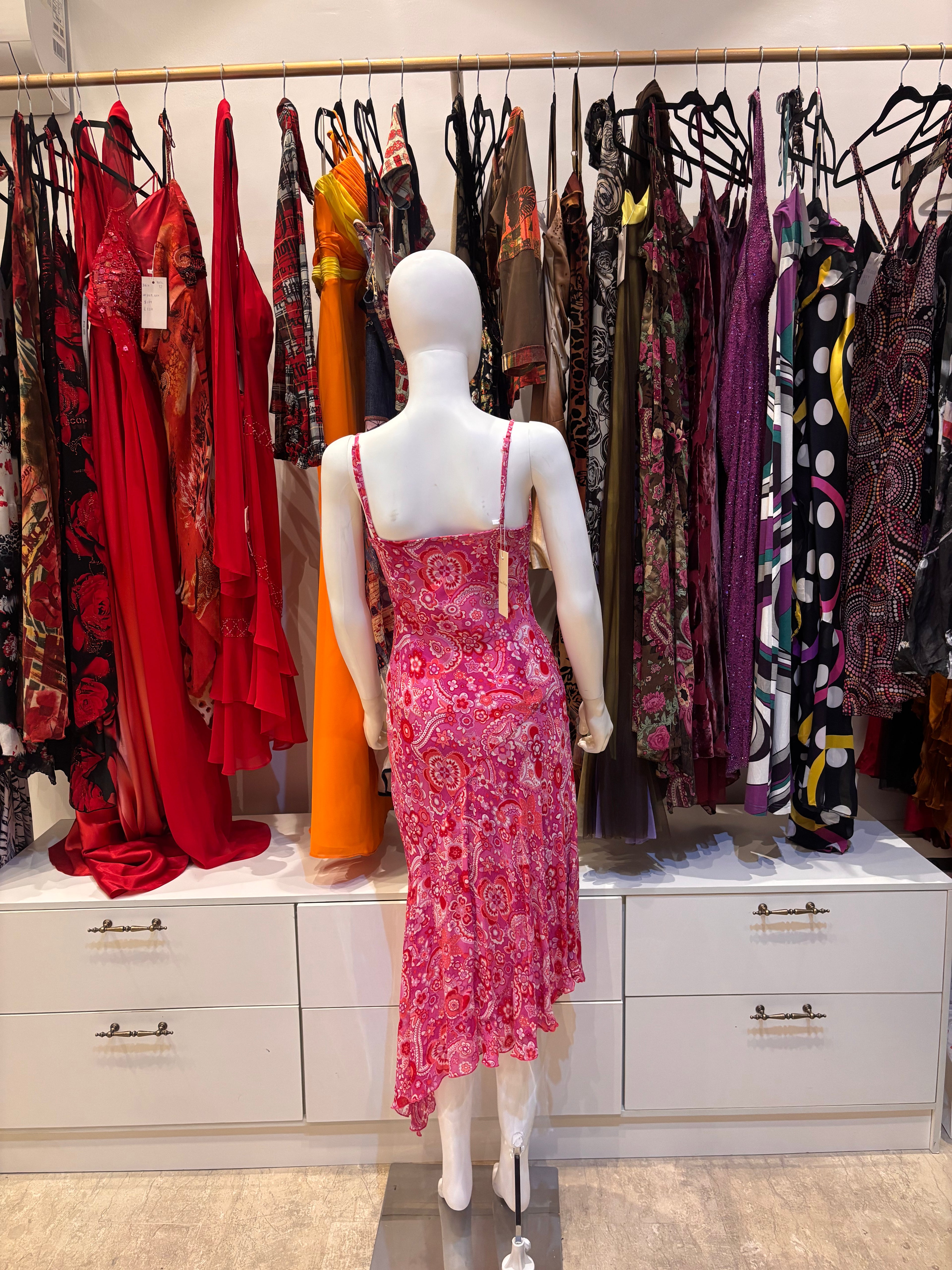The Blush Ring Vintage Dress – pink printed dress with silver ring detail bacl