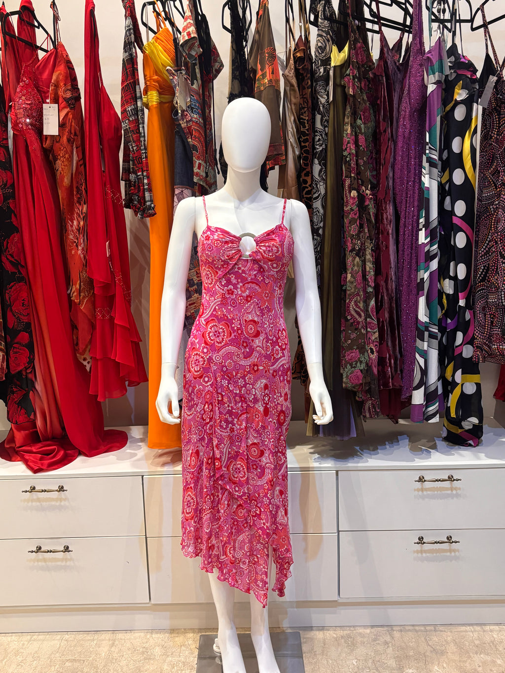 The Blush Ring Vintage Dress – pink printed dress with silver ring detail front