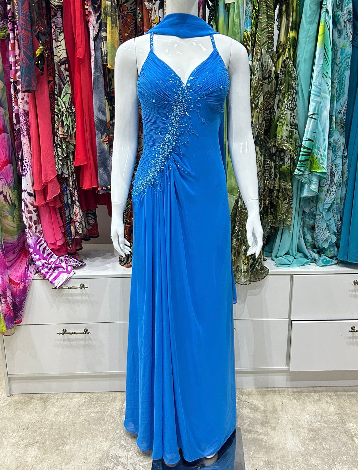 The Crystal Current Vintage Dress – blue gown with beaded rhinestone embellishments